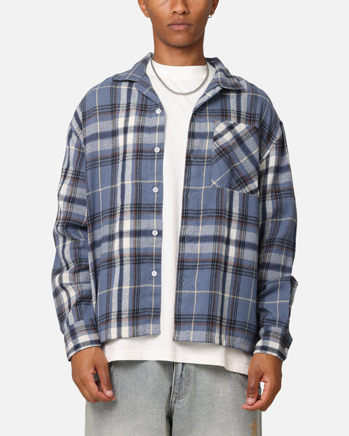 Carre Check Oversized Long Sleeve Button Up Shirt Blue-Plaid
