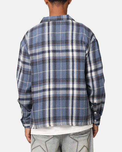 Carre Check Oversized Long Sleeve Button Up Shirt Blue-Plaid
