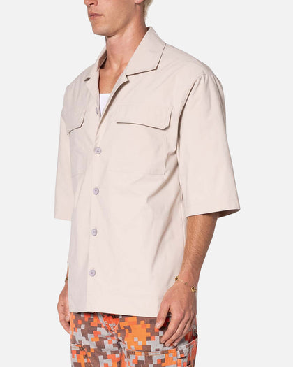 MNML Lined Woven Nylon Button Up Shirt Stone
