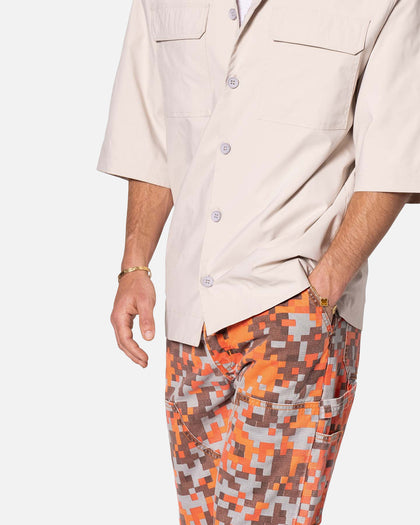 MNML Lined Woven Nylon Button Up Shirt Stone