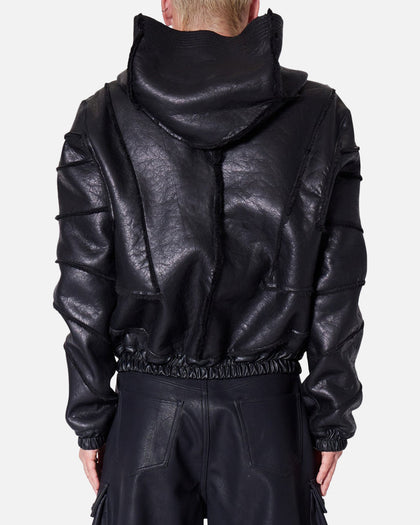 MNML Leather Web Cropped Zip Up Hoodie Black