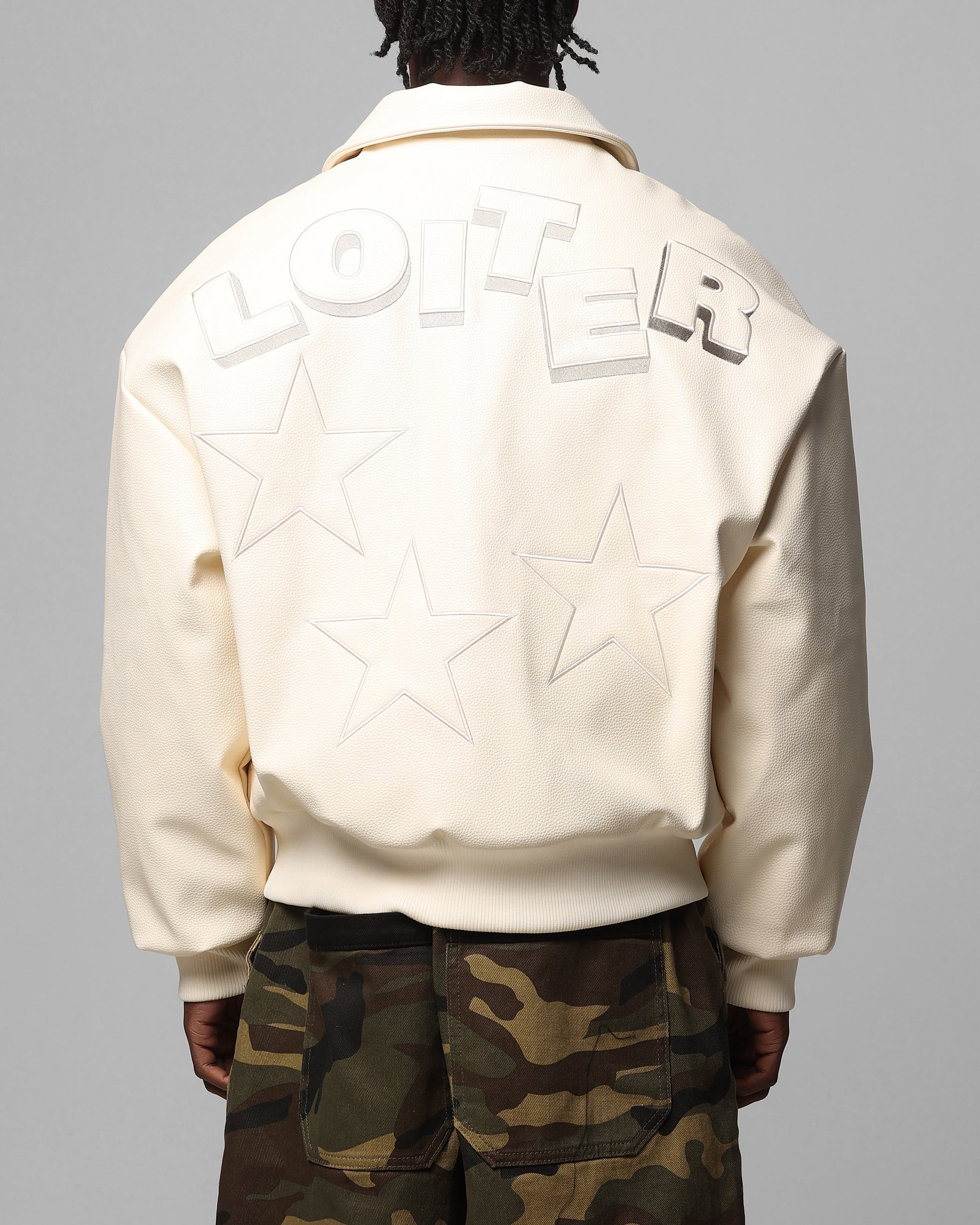 AMATERAS Vegan leather city jacket アイボリー Loiter Solar Vegan Leather Varsity Jacket Beige | Culture Kings