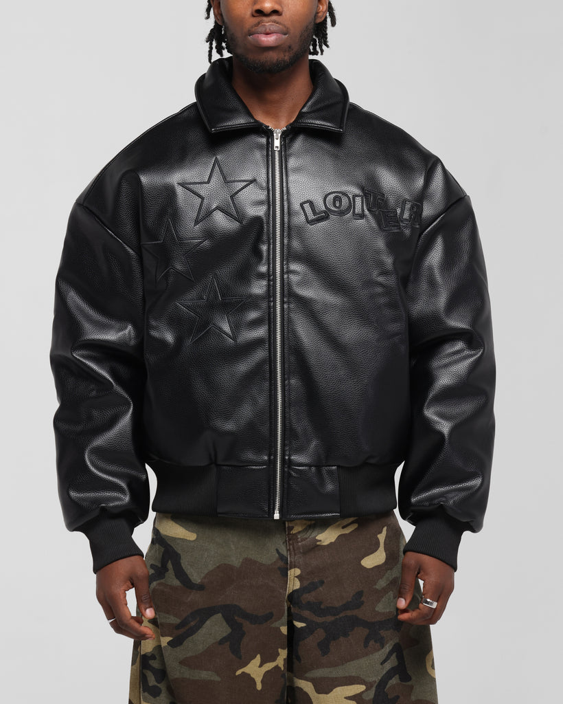 Loiter Solar Vegan Leather Varsity Jacket Black | Culture Kings
