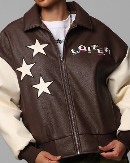Loiter Solar Vegan Leather Varsity Jacket Brown/Beige