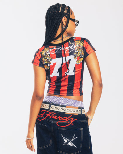 Ed Hardy Women's Football Baby T-Shirt Black/Red