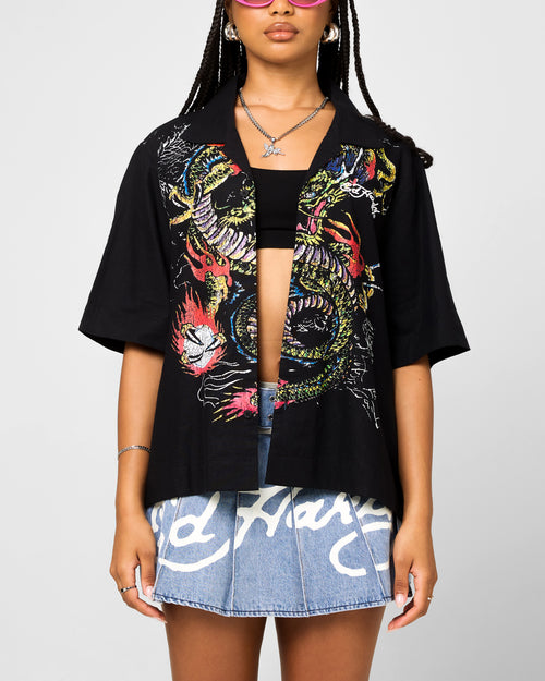 Ed Hardy Dragon Button Up Shirt Black