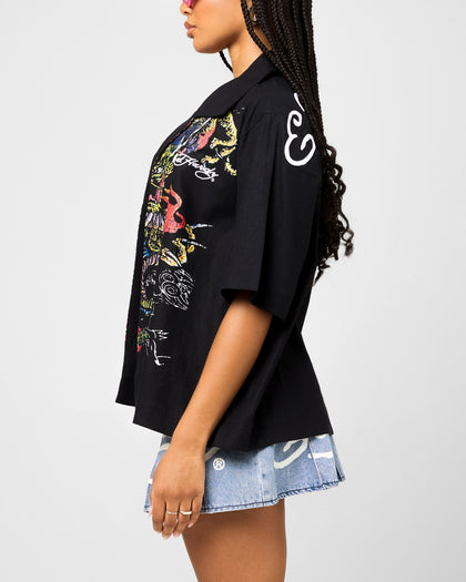 Ed Hardy Dragon Button Up Shirt Black
