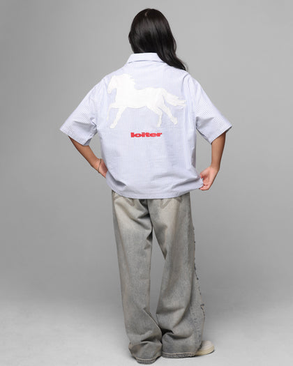 Loiter Rodeo Quarter Zip Up Shirt Blue Pin Stripe