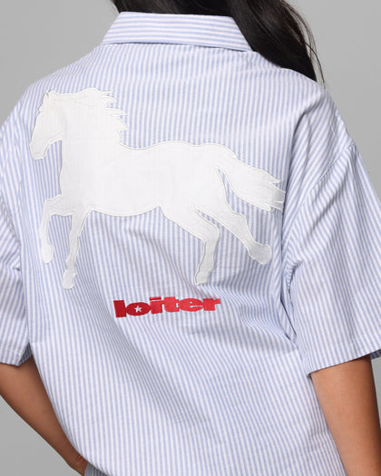 Loiter Rodeo Quarter Zip Up Shirt Blue Pin Stripe
