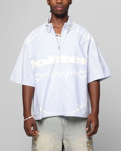 Loiter Cyber Zip Up Short Sleeve Shirt Blue Pin Stripe