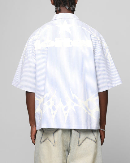 Loiter Cyber Zip Up Short Sleeve Shirt Blue Pin Stripe