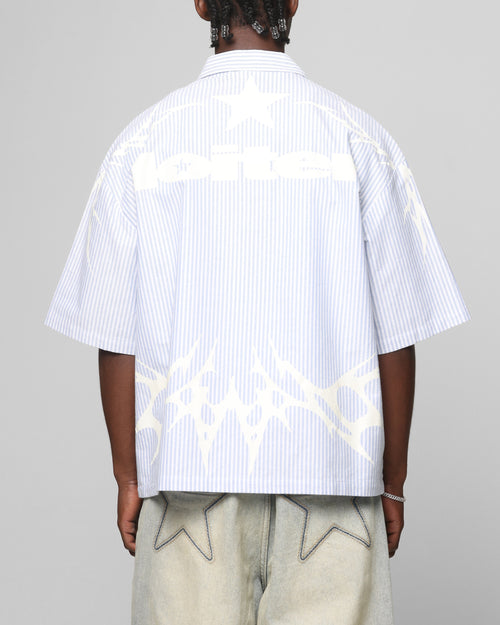 Loiter Cyber Zip Up Short Sleeve Shirt Blue Pin Stripe