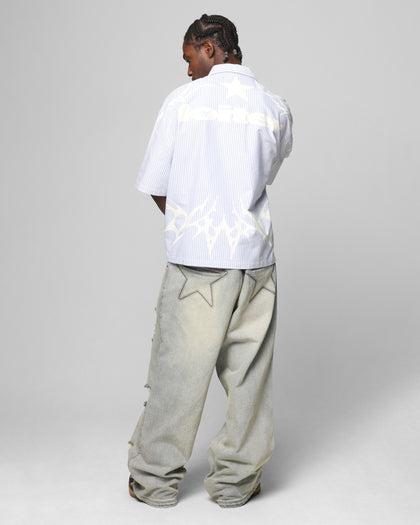 Loiter Cyber Zip Up Short Sleeve Shirt Blue Pin Stripe