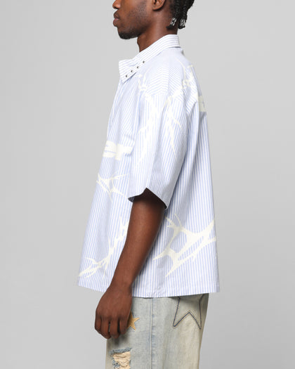 Loiter Cyber Zip Up Short Sleeve Shirt Blue Pin Stripe