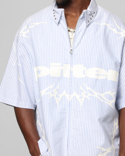 Loiter Cyber Zip Up Short Sleeve Shirt Blue Pin Stripe