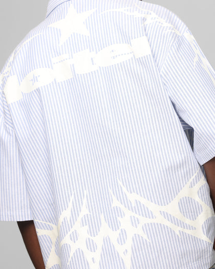 Loiter Cyber Zip Up Short Sleeve Shirt Blue Pin Stripe