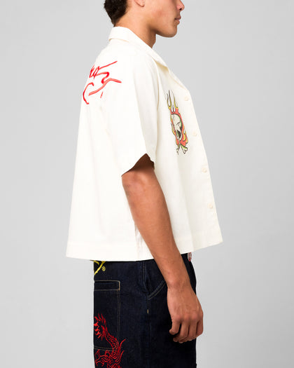 Ed Hardy Flaming Skull Button Up Shirt Off White
