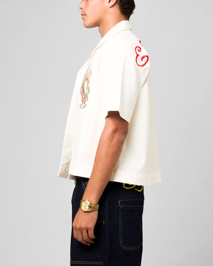 Ed Hardy Flaming Skull Button Up Shirt Off White