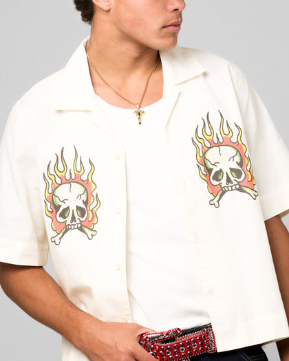 Ed Hardy Flaming Skull Button Up Shirt Off White