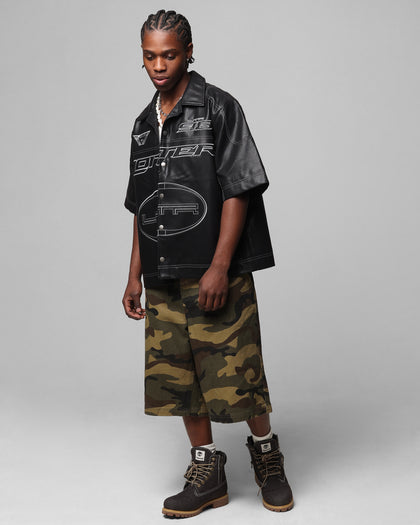 Loiter Motor PU Leather Button Up Shirt Black