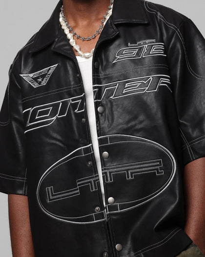 Loiter Motor PU Leather Button Up Shirt Black