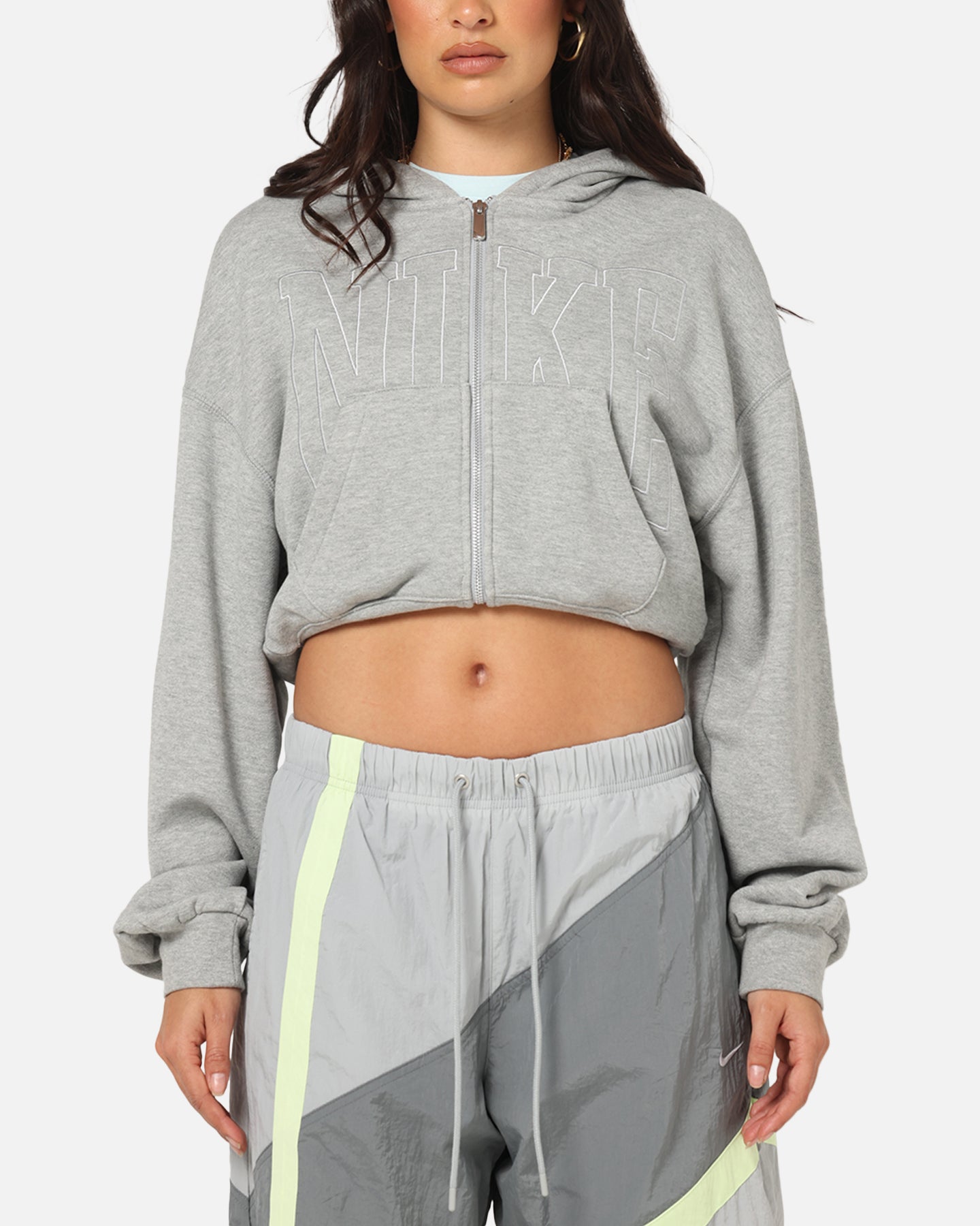 nike mini swoosh oversized cropped zip through hoodie in grey