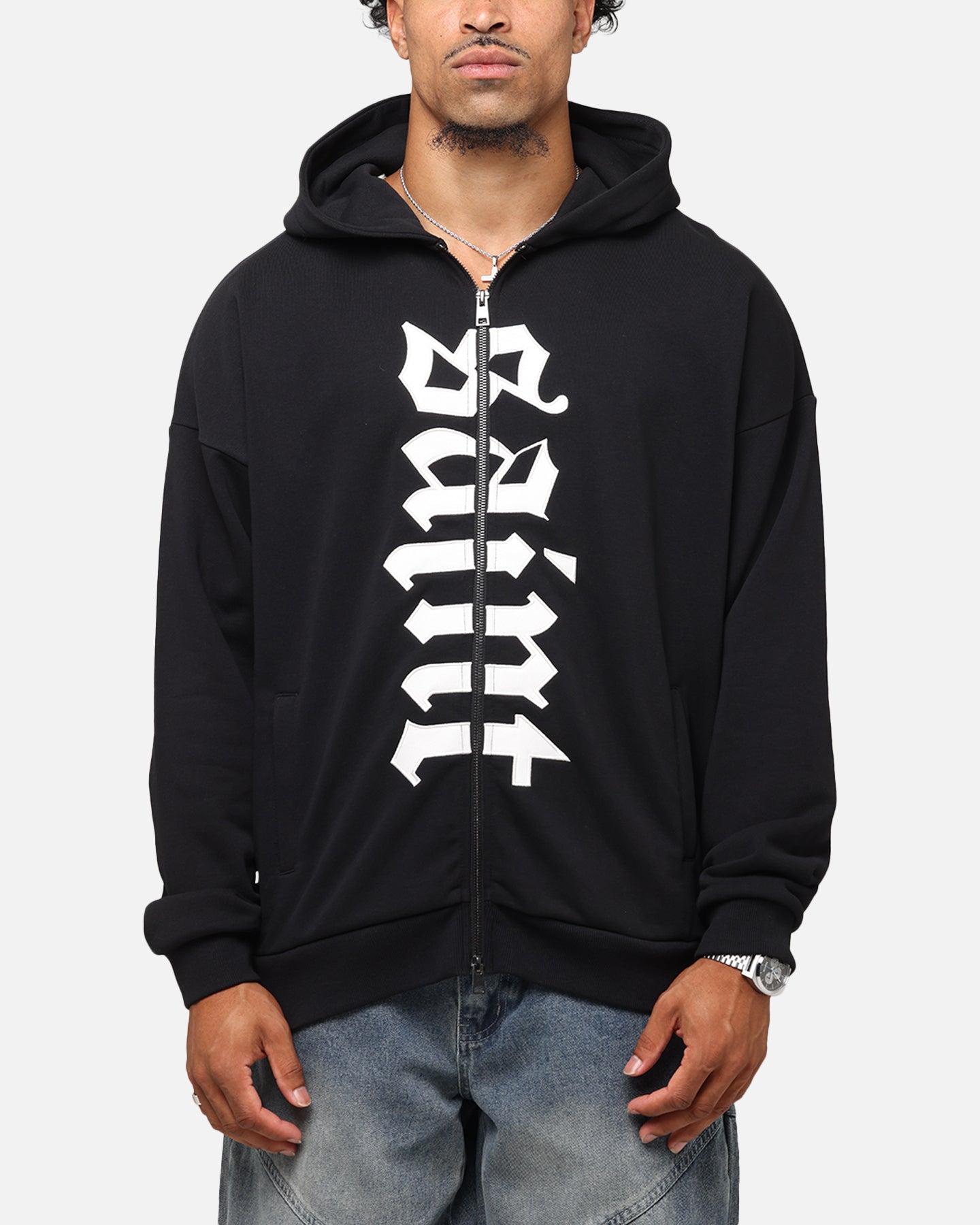 Saint Morta Gothic Distressed Zip Hoodie Black | Culture Kings