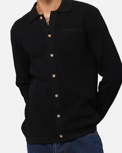 XXIII Zyair Knit Rib Long Sleeve Button Up Shirt Black