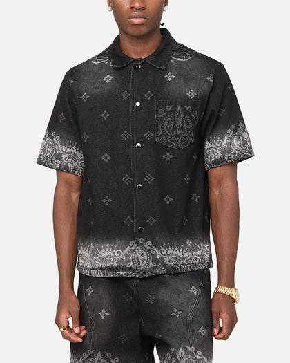 Criminal Damage Laser Print Denim Button Up Shirt Washed Black