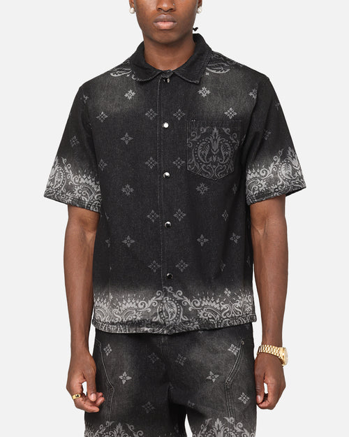 Criminal Damage Laser Print Denim Button Up Shirt Washed Black