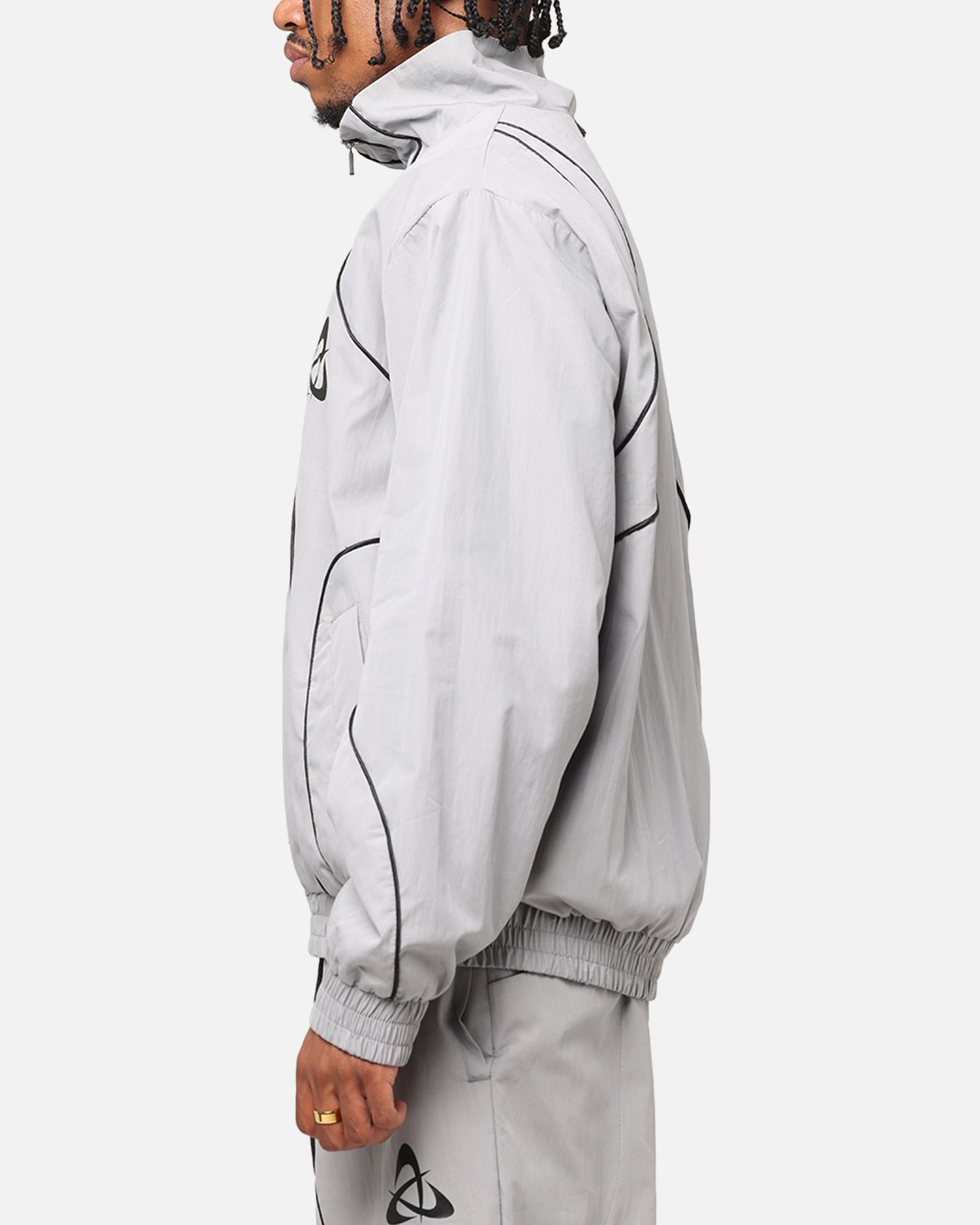 alound wide nylon track jaket （Grey） Plus Size - Reflective Nylon Windbreaker Active Jacket - Torrid