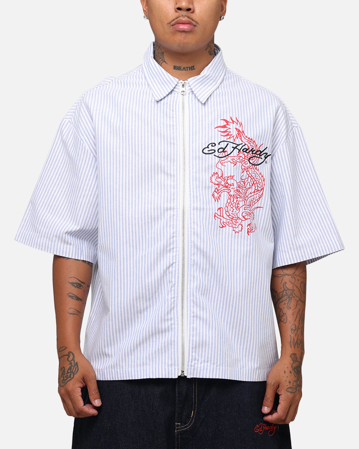 Ed Hardy Dragon Zip Shirt Blue Pin Stripe | Culture Kings