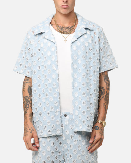 XXIII Lace Textured Denin Button Up Shirt Light Blue