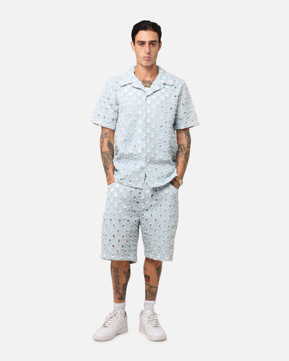 XXIII Lace Textured Denin Button Up Shirt Light Blue