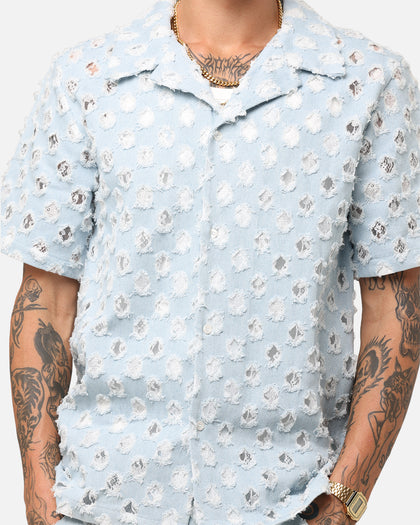 XXIII Lace Textured Denin Button Up Shirt Light Blue