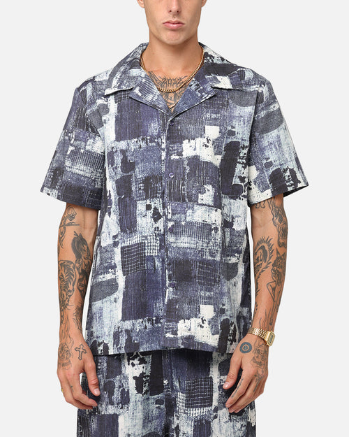 XXIII Printed Denim Patch Button Up Shirt Blue