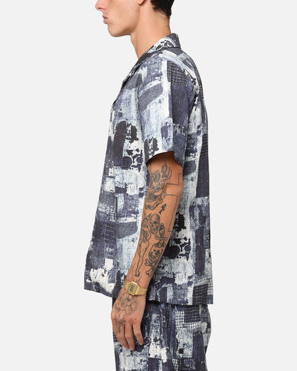 XXIII Printed Denim Patch Button Up Shirt Blue