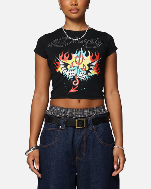 Ed Hardy Women's Flame Roll Baby T-Shirt Black