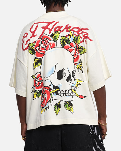 Ed Hardy Rose Skull Oversized Print T-Shirt Off White