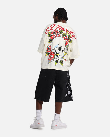 Ed Hardy Rose Skull Oversized Print T-Shirt Off White