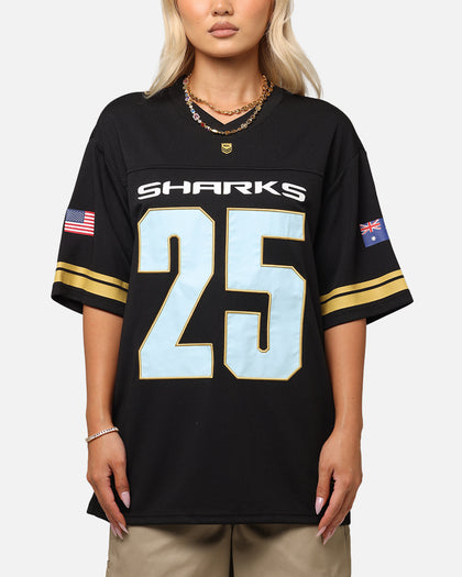 Bleacher Athletic Cronulla Sutherland Sharks NRL 2025 Las Vegas Round Grid Iron T-Shirt Official Team Colour