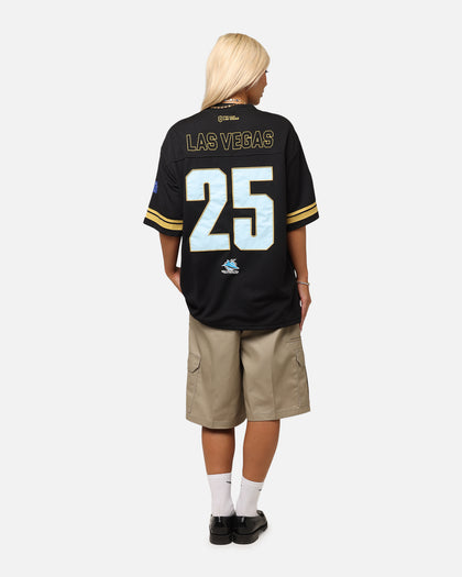 Bleacher Athletic Cronulla Sutherland Sharks NRL 2025 Las Vegas Round Grid Iron T-Shirt Official Team Colour