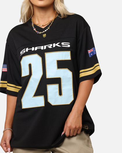 Bleacher Athletic Cronulla Sutherland Sharks NRL 2025 Las Vegas Round Grid Iron T-Shirt Official Team Colour