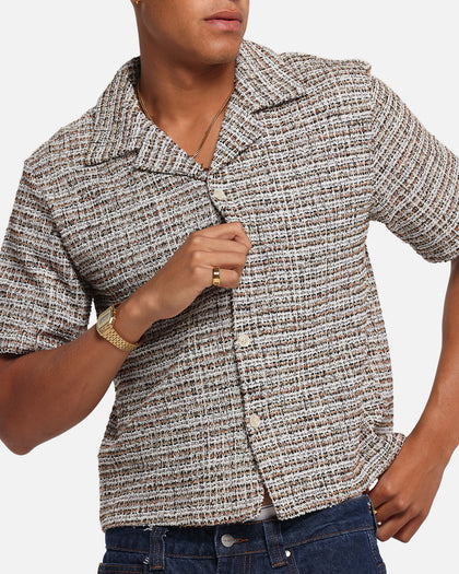 XXIII Boucle Tweed Crop Button Up Shirt Cream/Brown