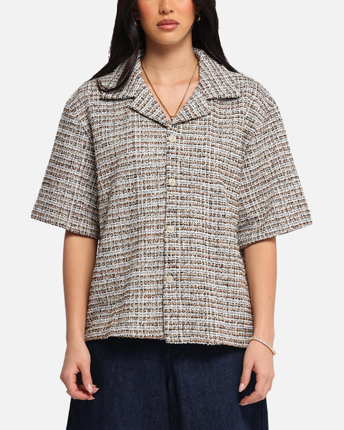 XXIII Boucle Tweed Crop Button Up Shirt Cream/Brown