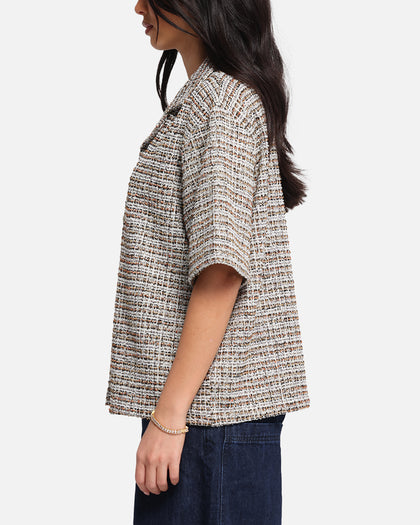 XXIII Boucle Tweed Crop Button Up Shirt Cream/Brown