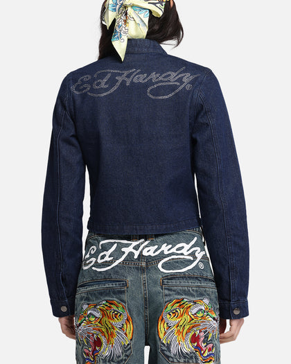 Ed Hardy Women's Cropped Denim Biker Jacket Indigo Denim