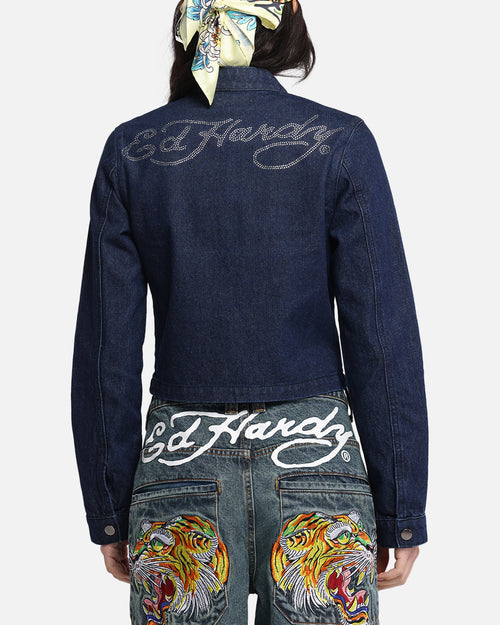 Ed Hardy Women's Cropped Denim Biker Jacket Indigo Denim