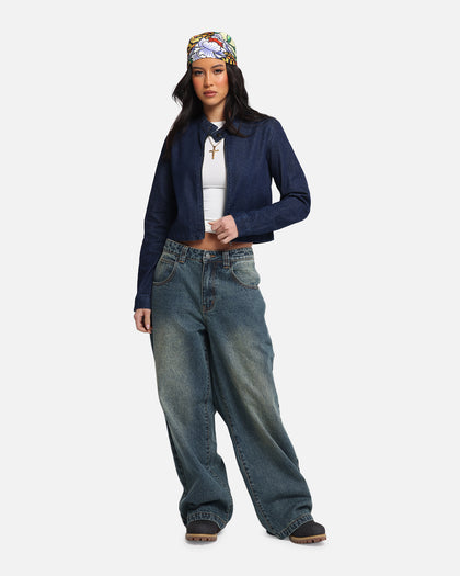 Ed Hardy Women's Cropped Denim Biker Jacket Indigo Denim