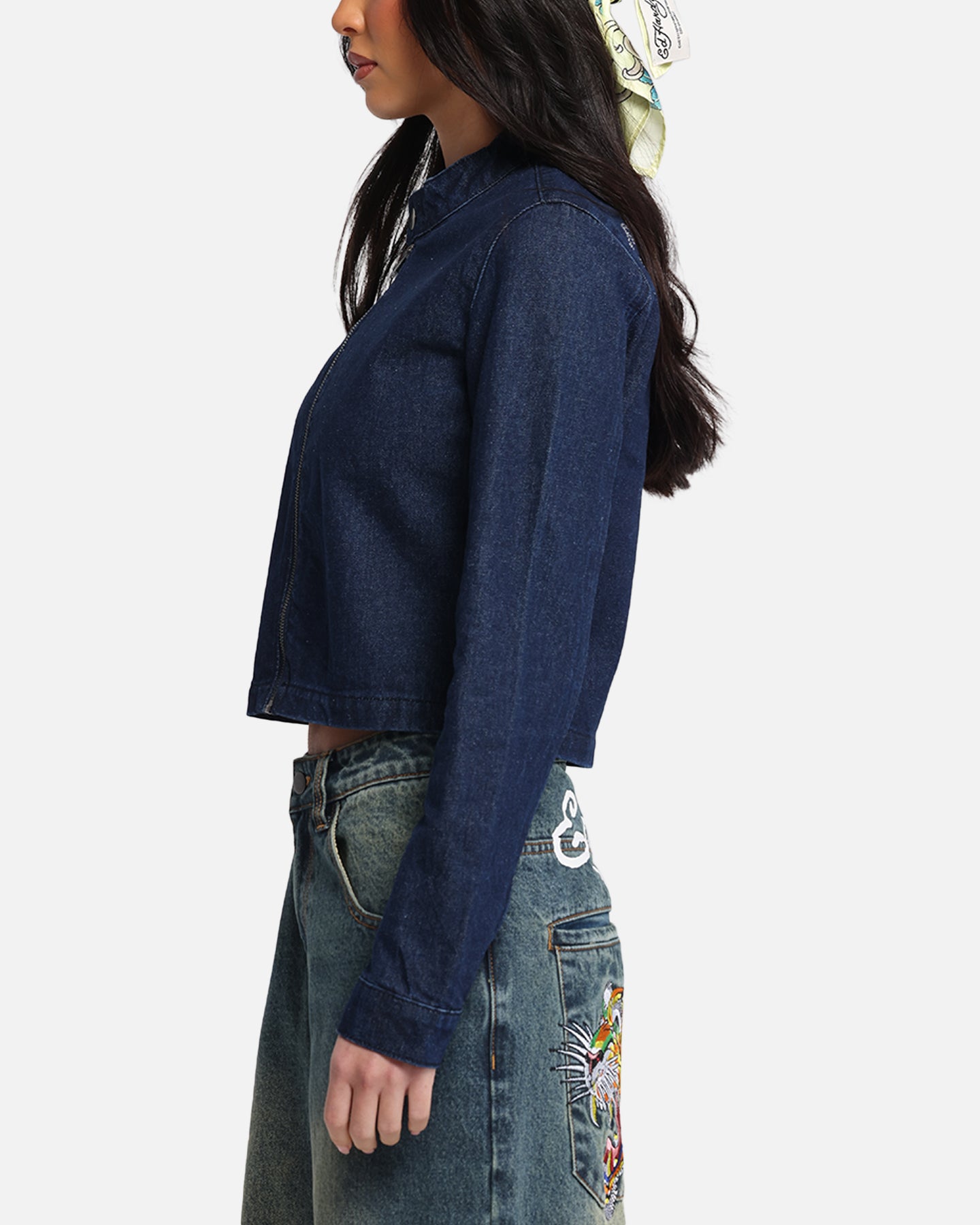 Ed Hardy Women's Cropped Denim Biker Jacket Indigo Denim
